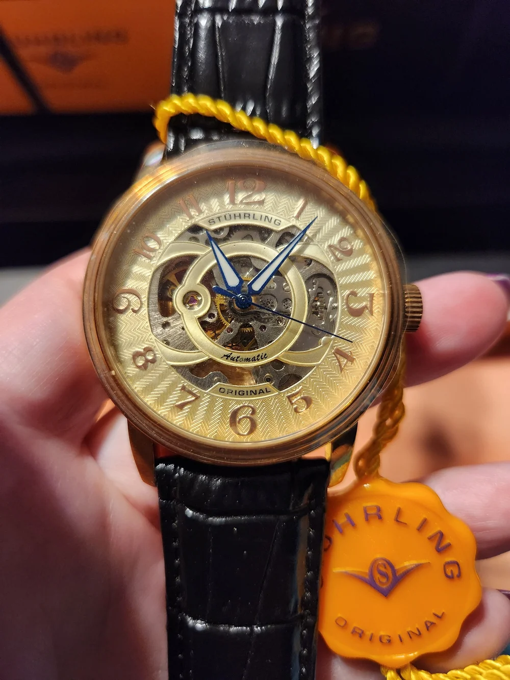 Stuhrling Original Skeleton Case Back Watch - Black & Gold